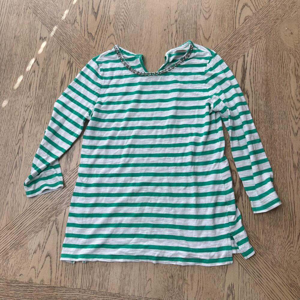 Chico’s 3/4 Sleeve‎ Keyhole Back Gem Striped Top Green White 0 Small